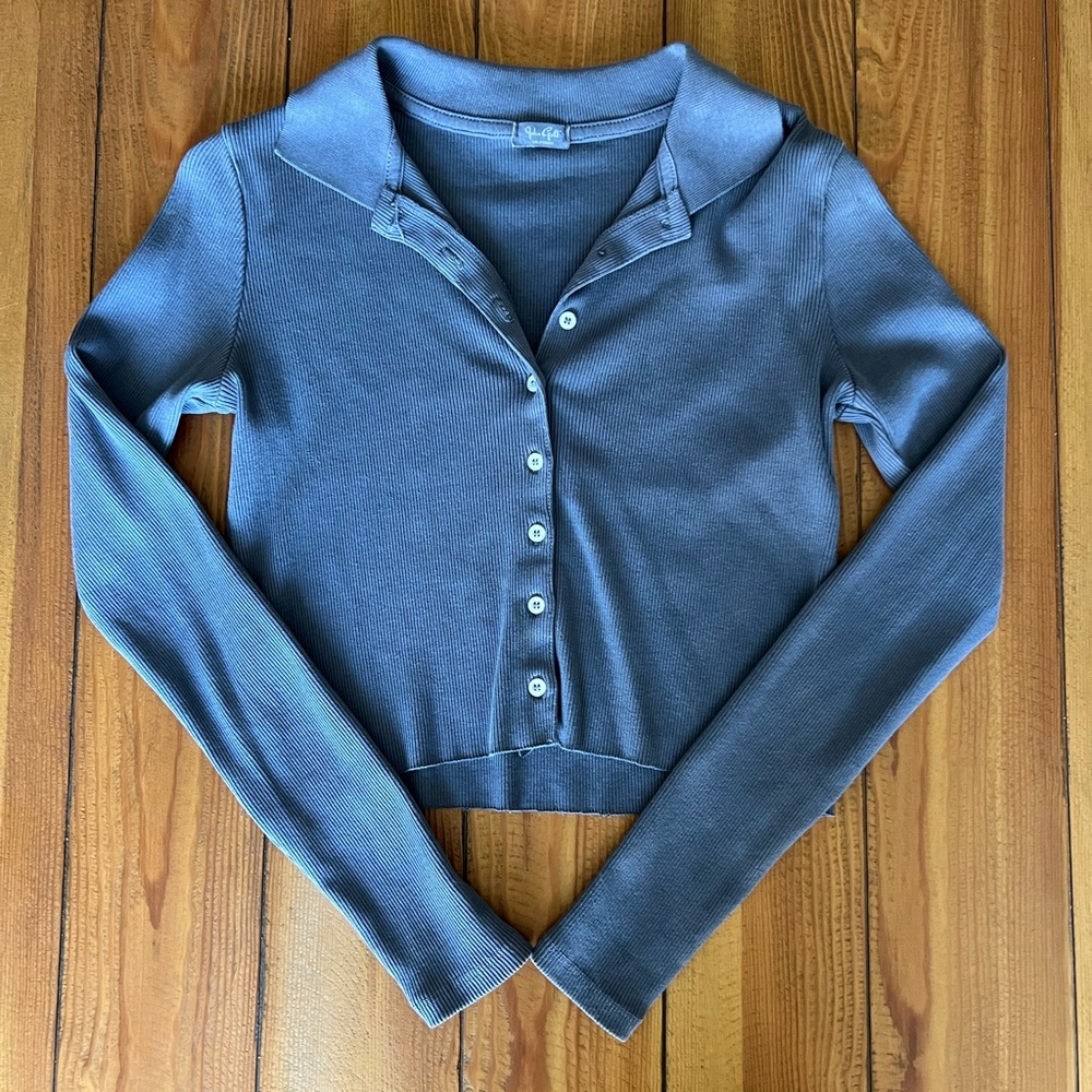 Brandy Melville Blue Fitted Crop Button Down Shirt